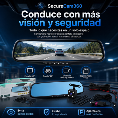 Retrovisor Dashcam HD — Graba Delante y Detrás en Tiempo Real - SecureCam360™