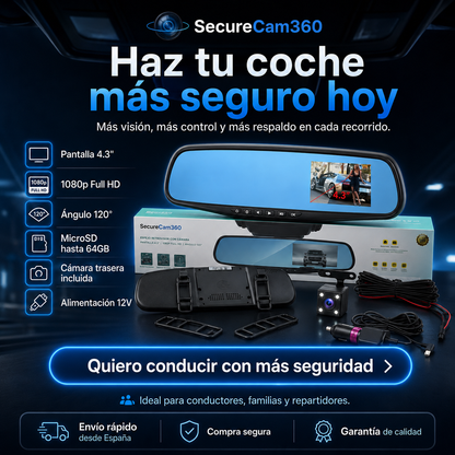 Retrovisor Dashcam HD — Graba Delante y Detrás en Tiempo Real - SecureCam360™