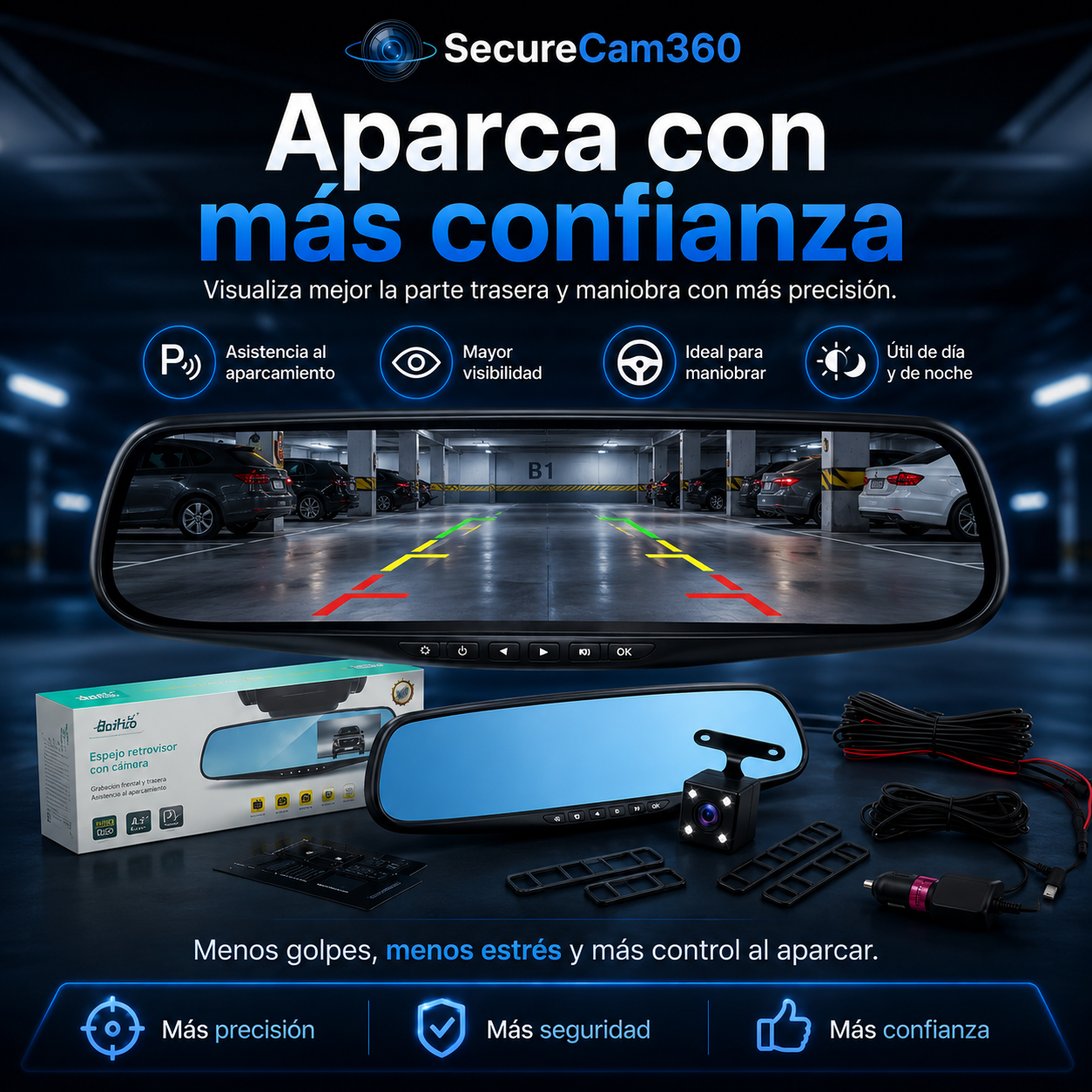 Retrovisor Dashcam HD — Graba Delante y Detrás en Tiempo Real - SecureCam360™