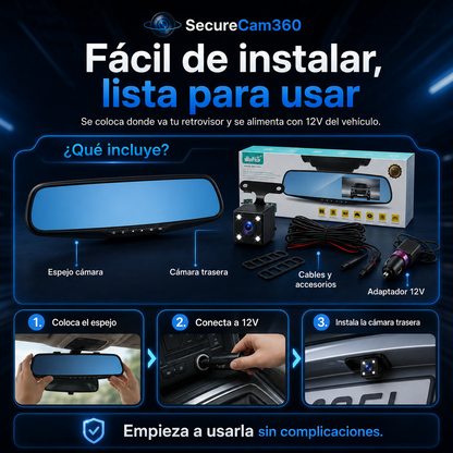 Retrovisor Dashcam HD — Graba Delante y Detrás en Tiempo Real - SecureCam360™