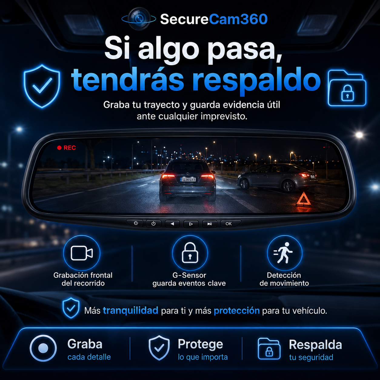 Retrovisor Dashcam HD — Graba Delante y Detrás en Tiempo Real - SecureCam360™