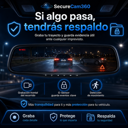 Retrovisor Dashcam HD — Graba Delante y Detrás en Tiempo Real - SecureCam360™