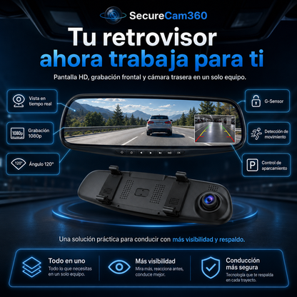 Retrovisor Dashcam HD — Graba Delante y Detrás en Tiempo Real - SecureCam360™