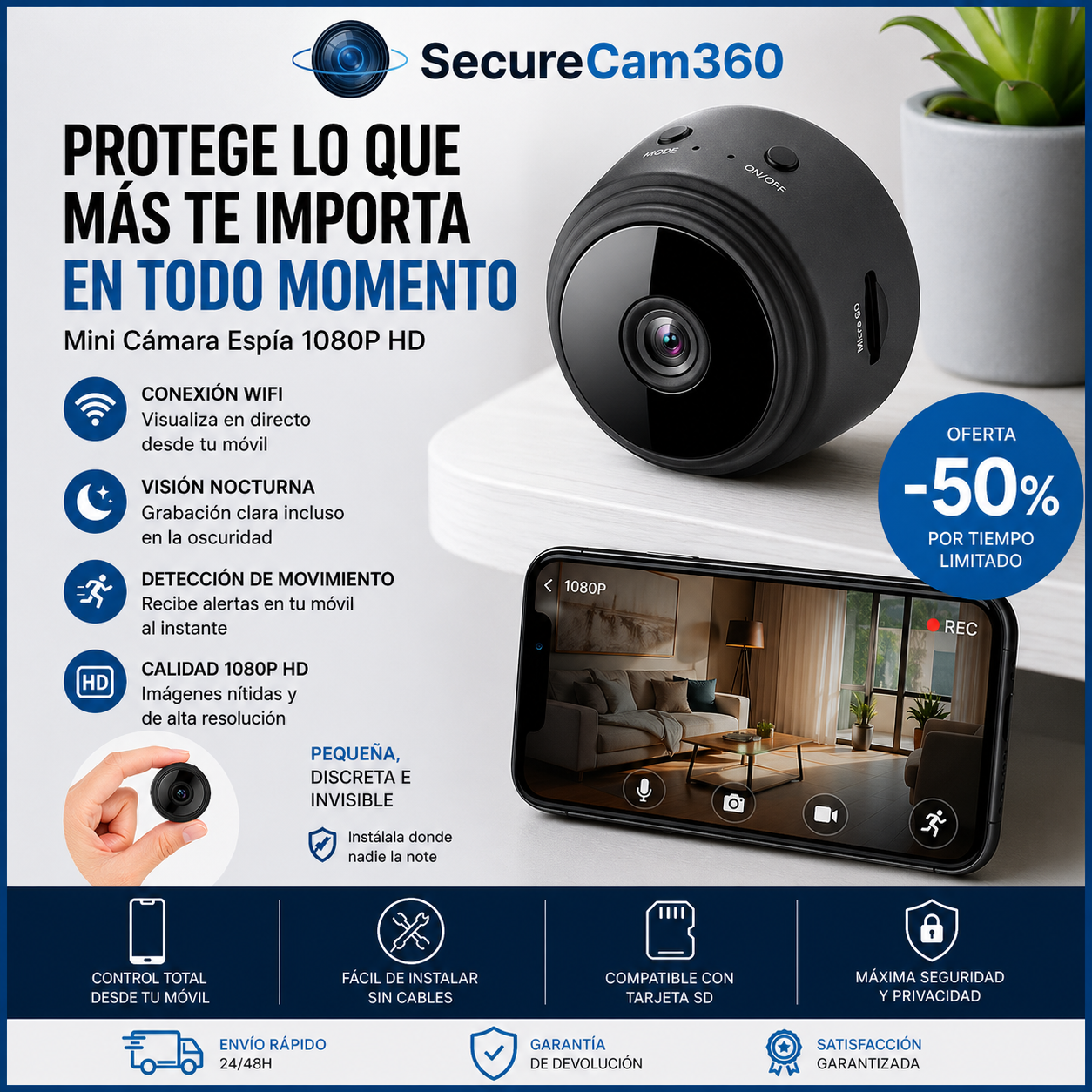 Cámara WiFi HD con Vigilancia 24/7 desde tu móvil - SecureCam360™