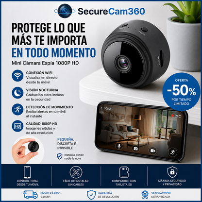 Cámara WiFi HD con Vigilancia 24/7 desde tu móvil - SecureCam360™